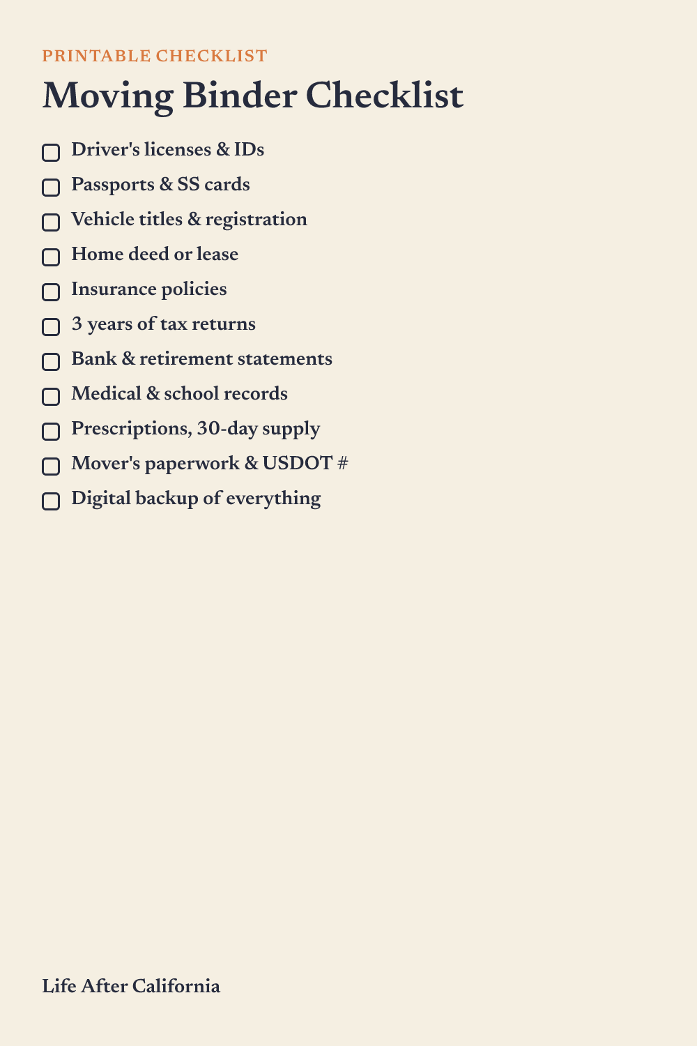 Moving Binder Checklist