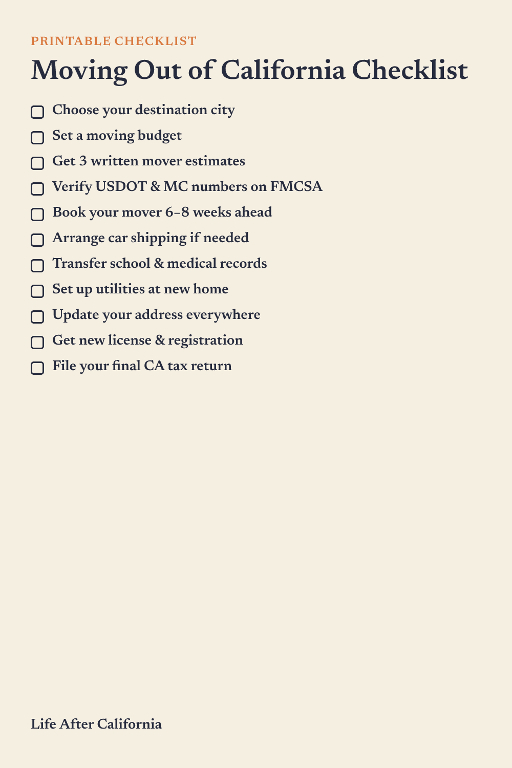 Moving out of California checklist